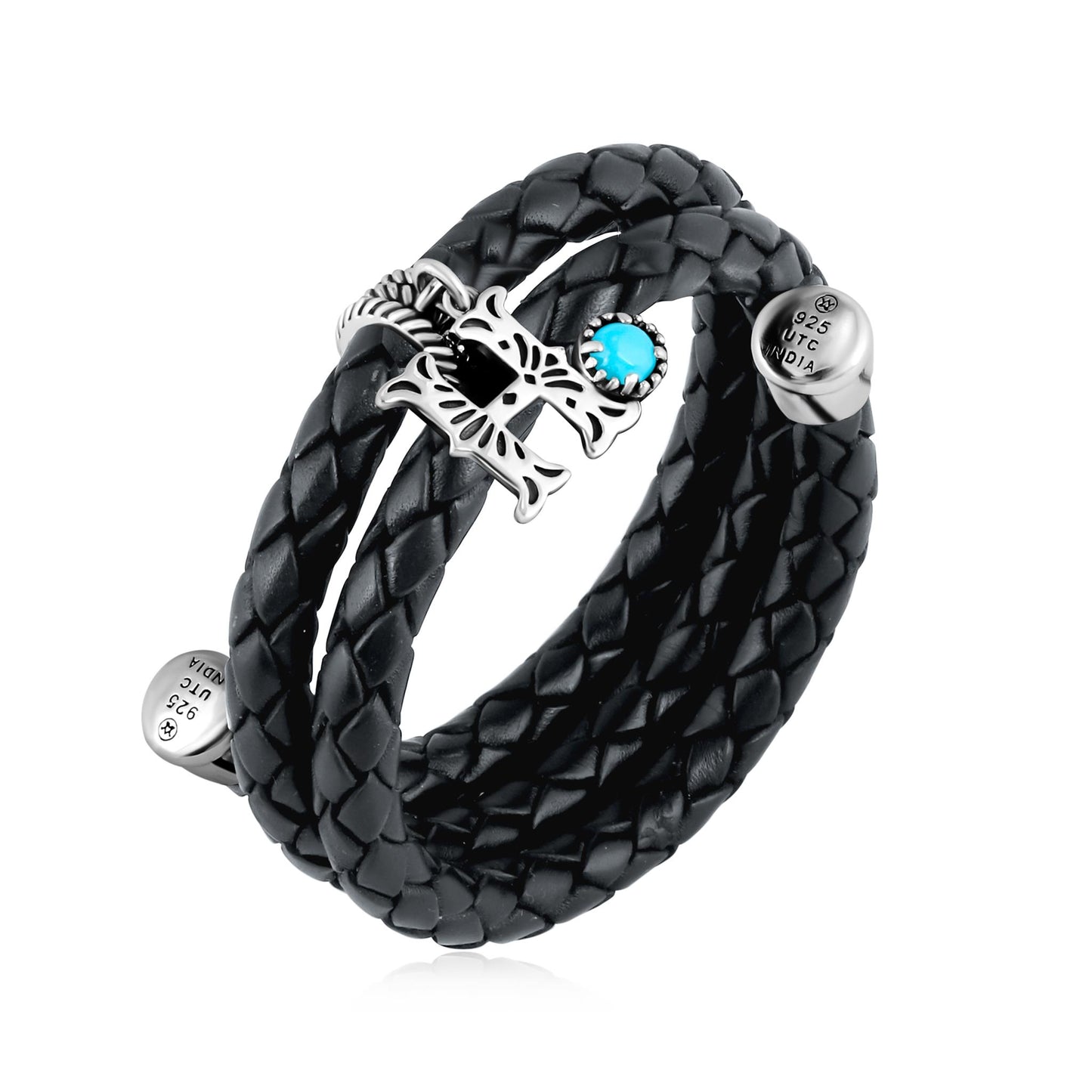 Sterling Silver Sleeping Beauty Turquoise Black Leather Initial "H" Coil Bracelet