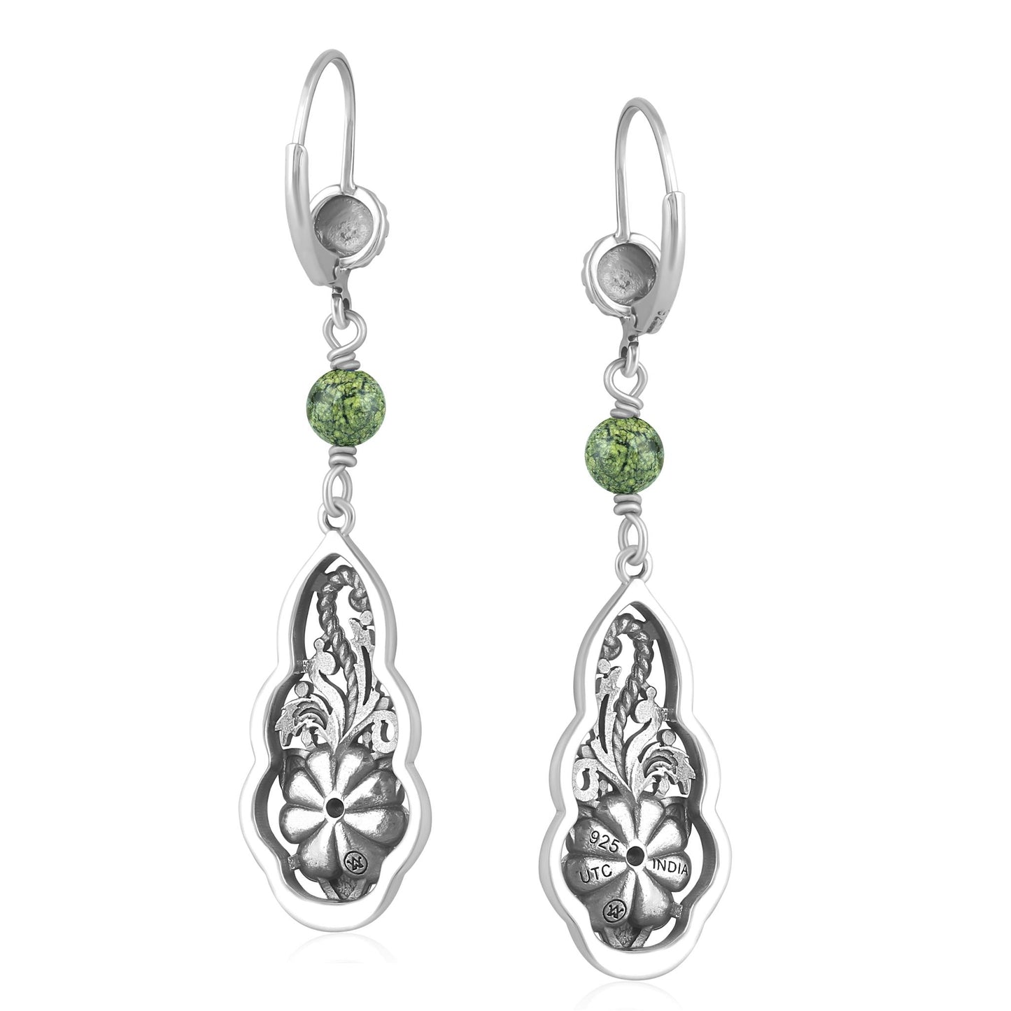Sterling Silver Serpentine Flower Gemstone Bead Lever Back Earrings