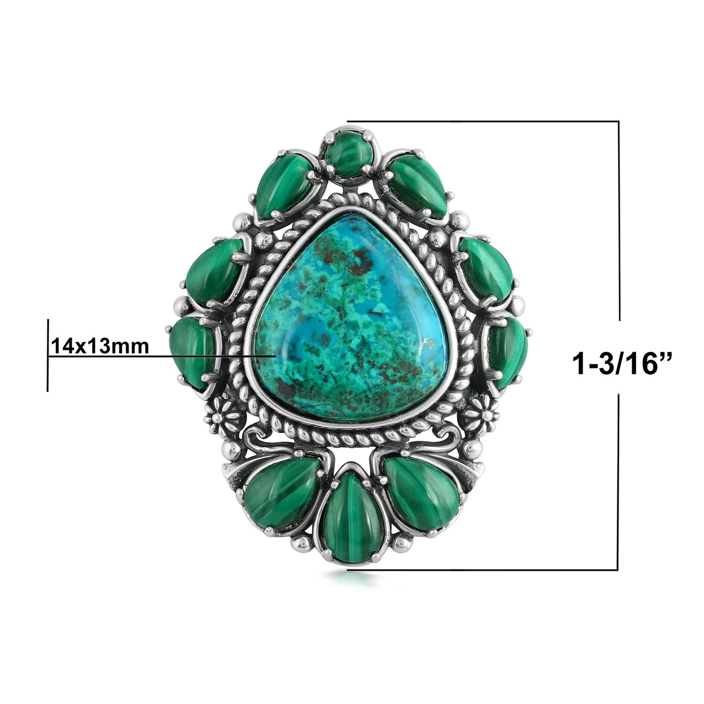 Sterling Silver Chrysocolla and Malachite 3-Stone Trillion and Pear Ring
