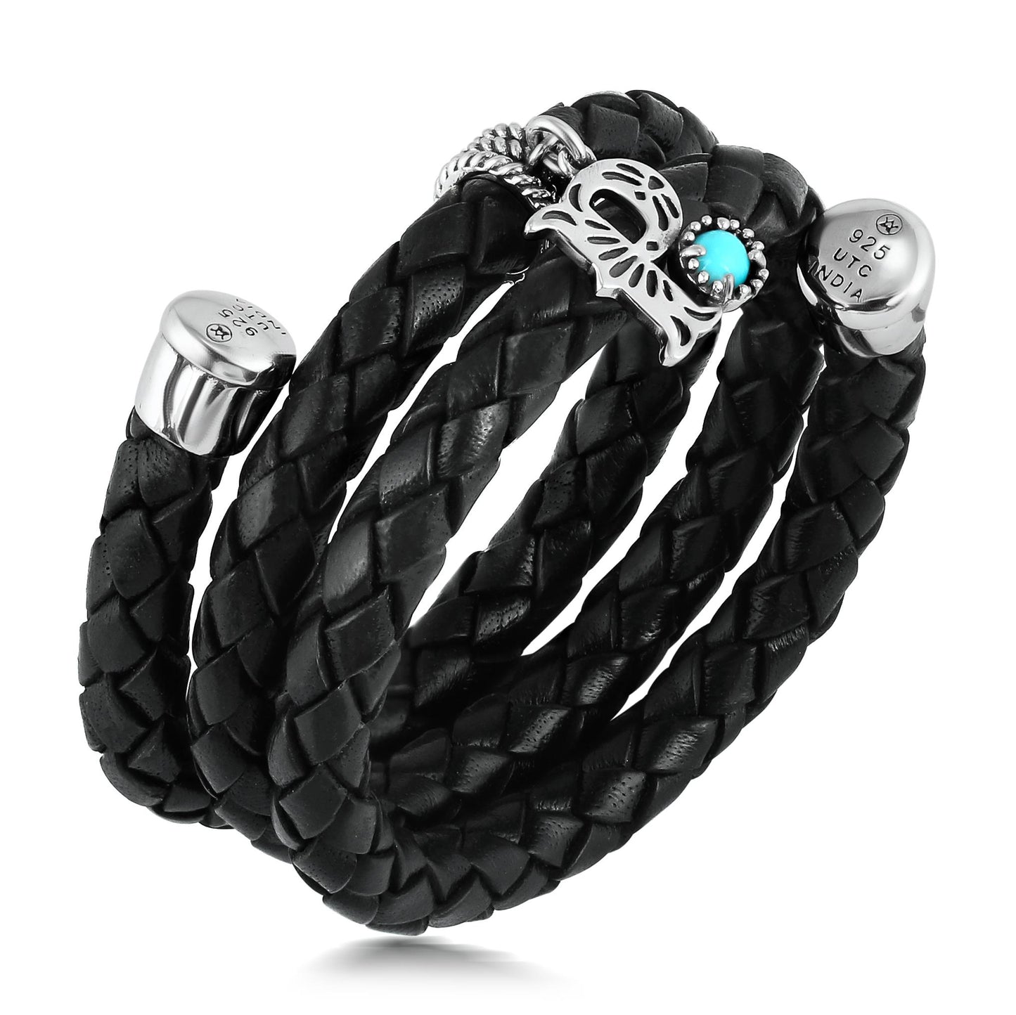 Sterling Silver Sleeping Beauty Turquoise Black Leather Initial "P" Coil Bracelet, 16 Inches