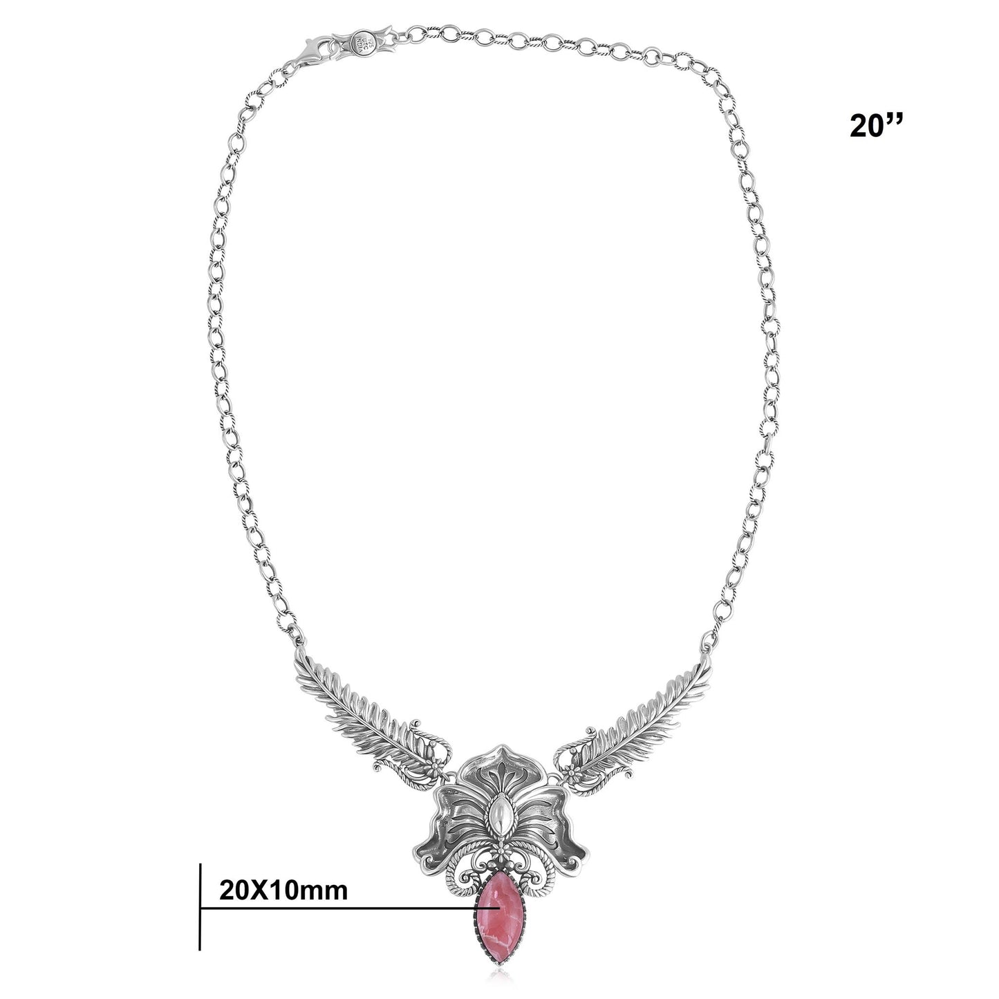 Sterling Silver Rhodochrosite Cactus Flower Marquise Feather Necklace