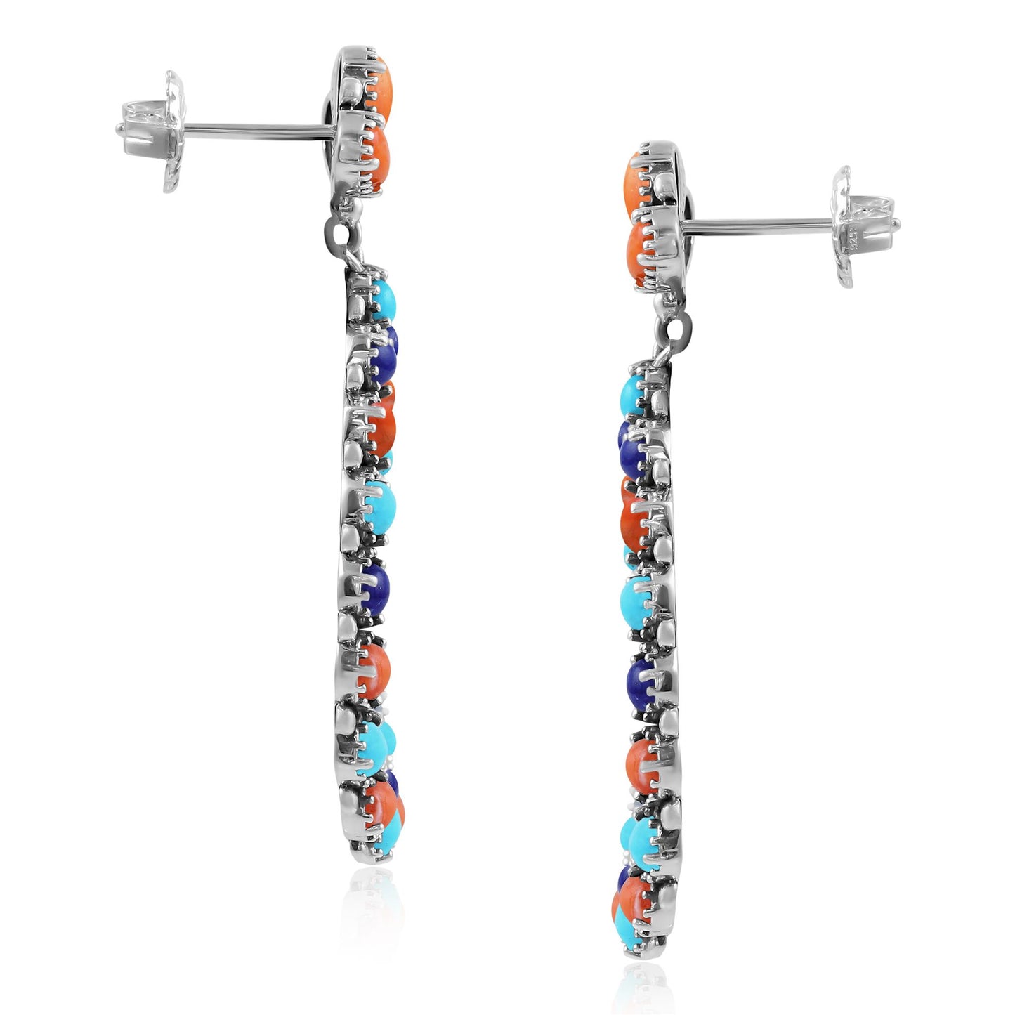Sterling Silver Orange Spiny Oyster, Turquoise and Lapis Teardrop Post Back Earrings
