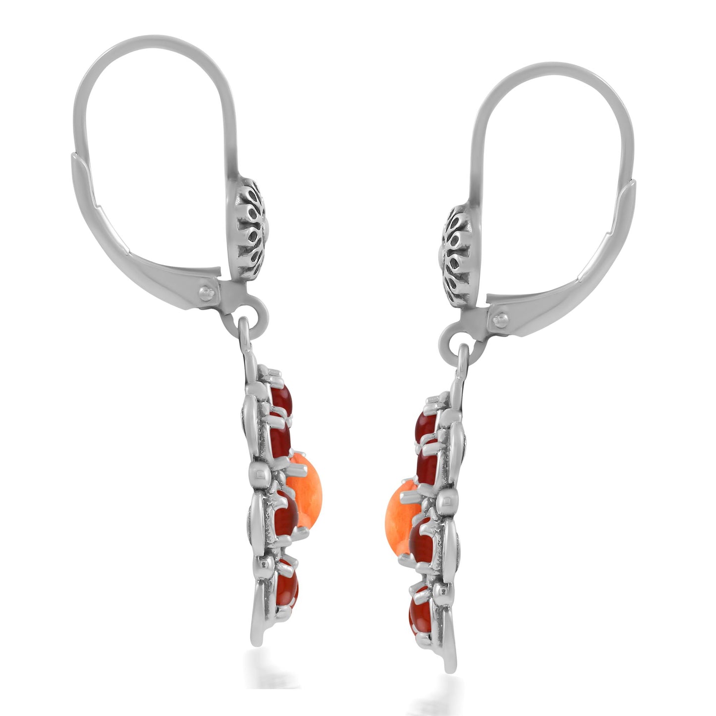 Sterling Silver Orange Spiny Oyster and Red Onyx Flower Cluster Earrings