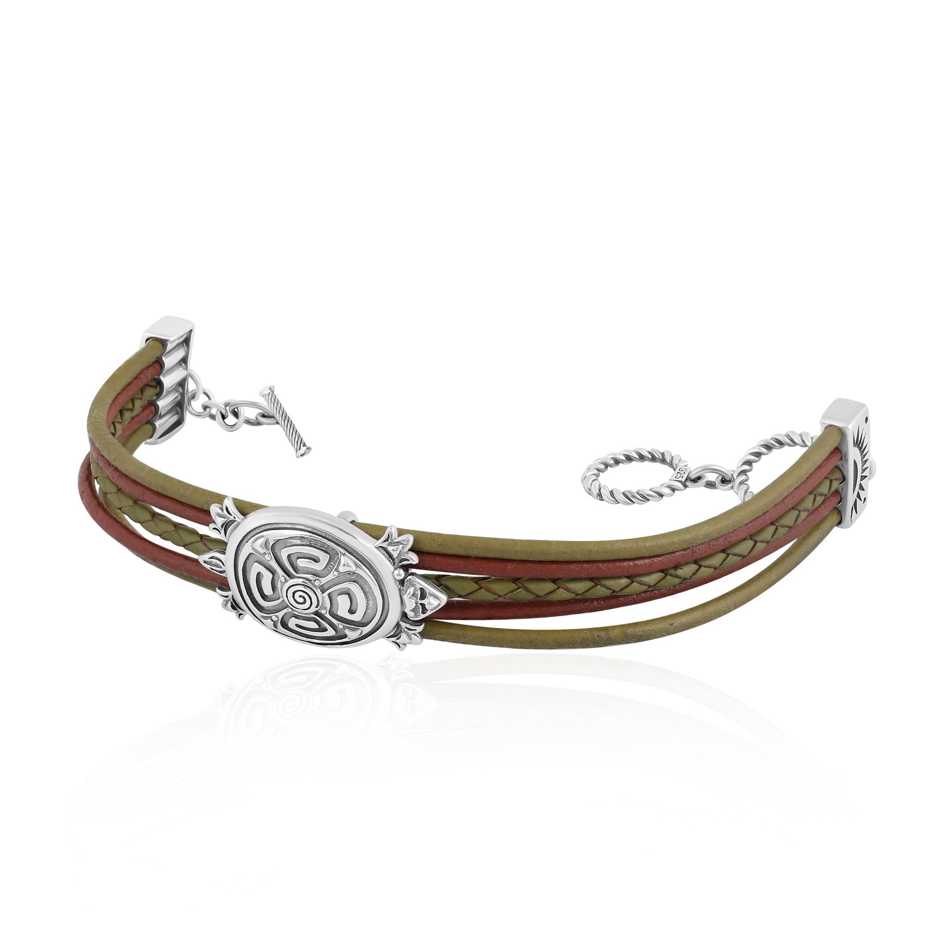 Sterling Silver Turtle Design Multicolored Brown Leather Toggle Bracelet