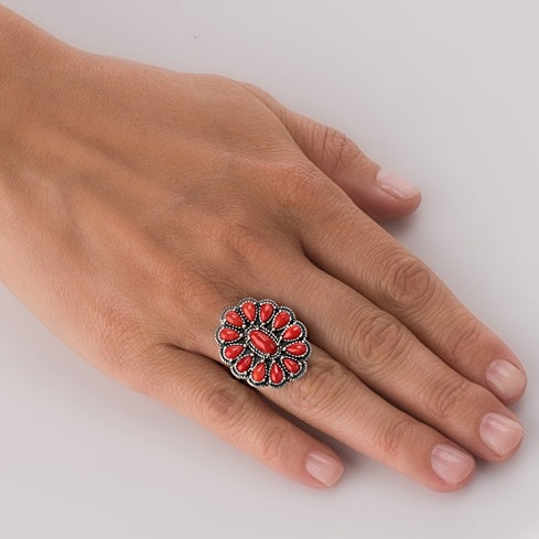 Sterling Silver Red Coral Flower Cluster Rope Ring, Sizes 5 to 10