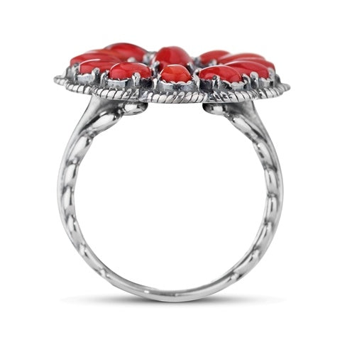 Sterling Silver Red Coral Flower Cluster Rope Ring, Sizes 5 to 10