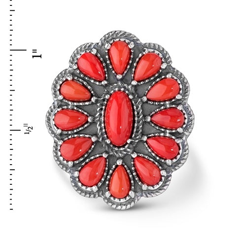 Sterling Silver Red Coral Flower Cluster Rope Ring, Sizes 5 to 10