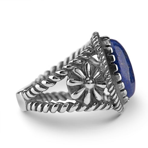 Sterling Silver Lapis Lazuli Gemstone Concha Flower Ring, Sizes 5 to 10
