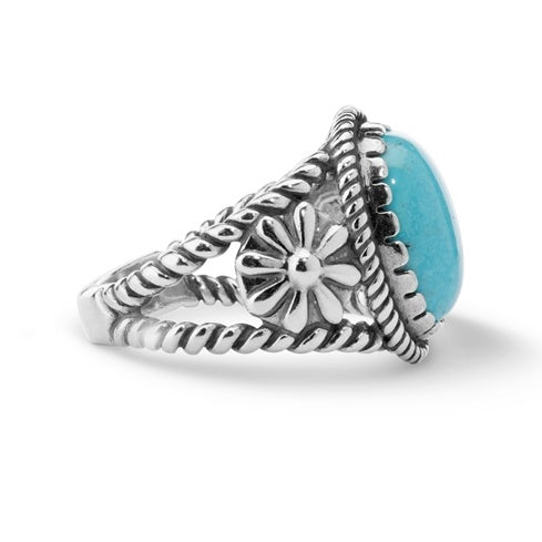 Sterling Silver Kingman Turquoise Concha Flower Ring, Sizes 5 to 10