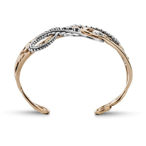 Sterling Silver and Brass Floral Leaf Design Cuff Bracelet, Sizes Small to Large
