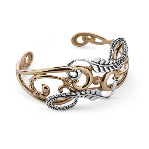 Sterling Silver and Brass Floral Leaf Design Cuff Bracelet, Sizes Small to Large