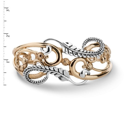 Sterling Silver and Brass Floral Leaf Design Cuff Bracelet, Sizes Small to Large