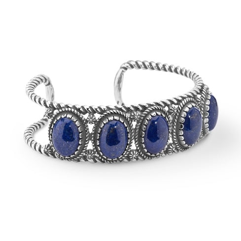 Sterling Silver Lapis Lazuli Gemstone 5-Stone Cuff Bracelet Size S, M or L