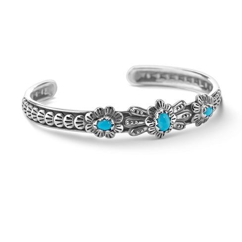 Sterling Silver Women's Cuff Bracelet Blue Turquoise Gemstone Flower Concha Design Size Small Medium Large