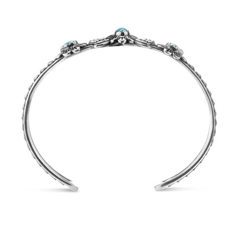 Sterling Silver Sleeping Beauty Turquoise Flower Concha Cuff Bracelet, Sizes Small to Large
