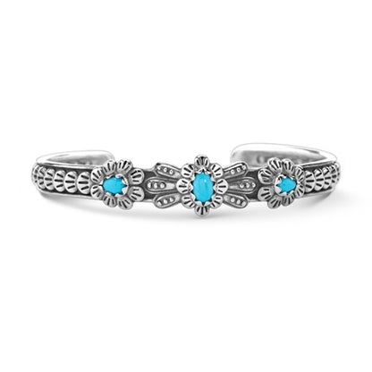 Sterling Silver Women's Cuff Bracelet Blue Turquoise Gemstone Flower Concha Design Size Small Medium Large