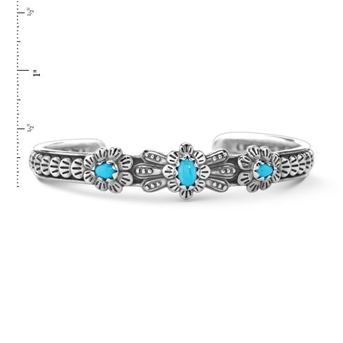 Sterling Silver Sleeping Beauty Turquoise Flower Concha Cuff Bracelet, Sizes Small to Large