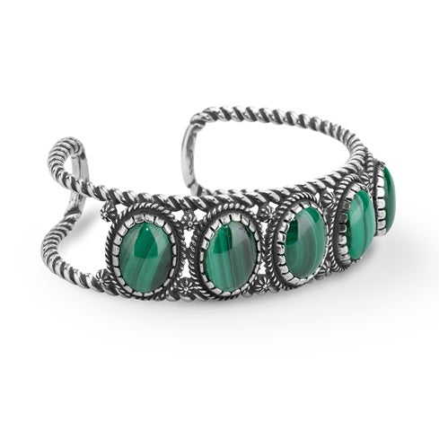 Sterling Silver Green Malachite 5-Stone Cuff Bracelet, Sizes Small to Large