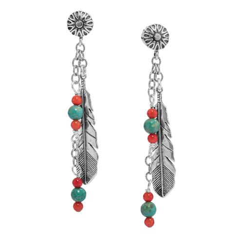 Sterling Silver Multi Gemstone Feather Dangle Earrings