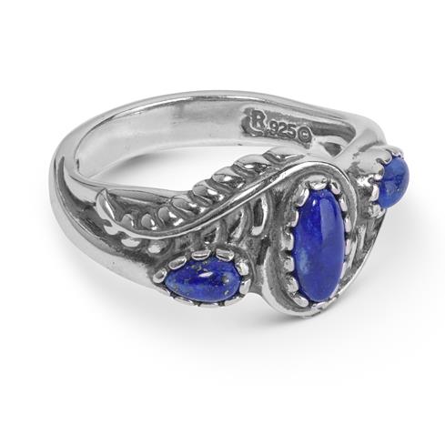 Sterling Silver Blue Lapis Gemstone 3-Stone Leaf Design Ring, Sizes 5 to 10