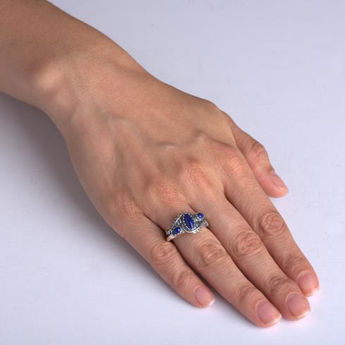 Sterling Silver Blue Lapis Gemstone 3-Stone Leaf Design Ring, Sizes 5 to 10