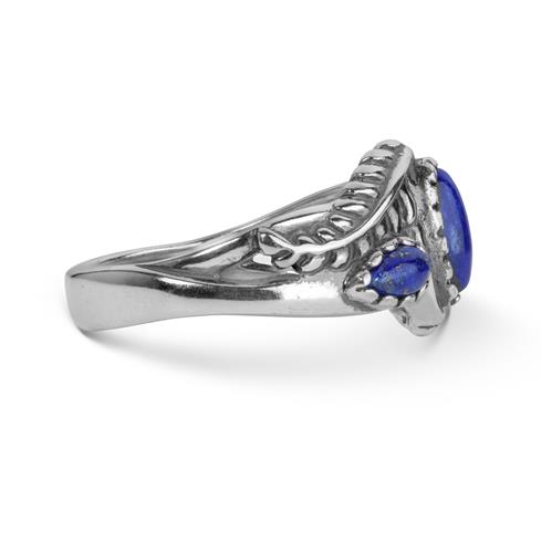 Sterling Silver Blue Lapis Gemstone 3-Stone Leaf Design Ring, Sizes 5 to 10