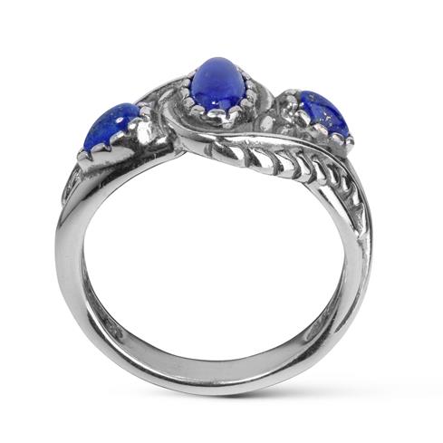 Sterling Silver Blue Lapis Gemstone 3-Stone Leaf Design Ring, Sizes 5 to 10