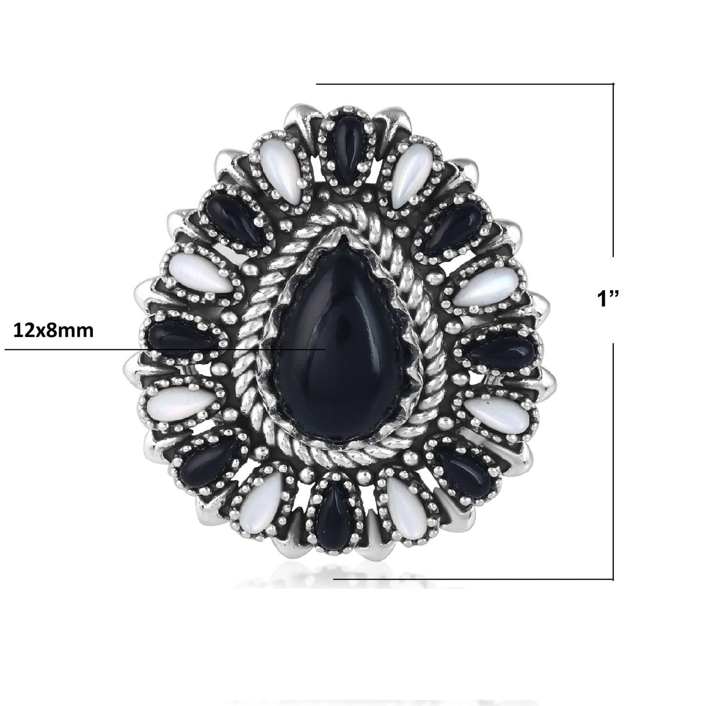 LIMITED EDITION! Sterling Silver Black Onyx and White Mother of Pearl Pear-Shaped Cluster Ring
