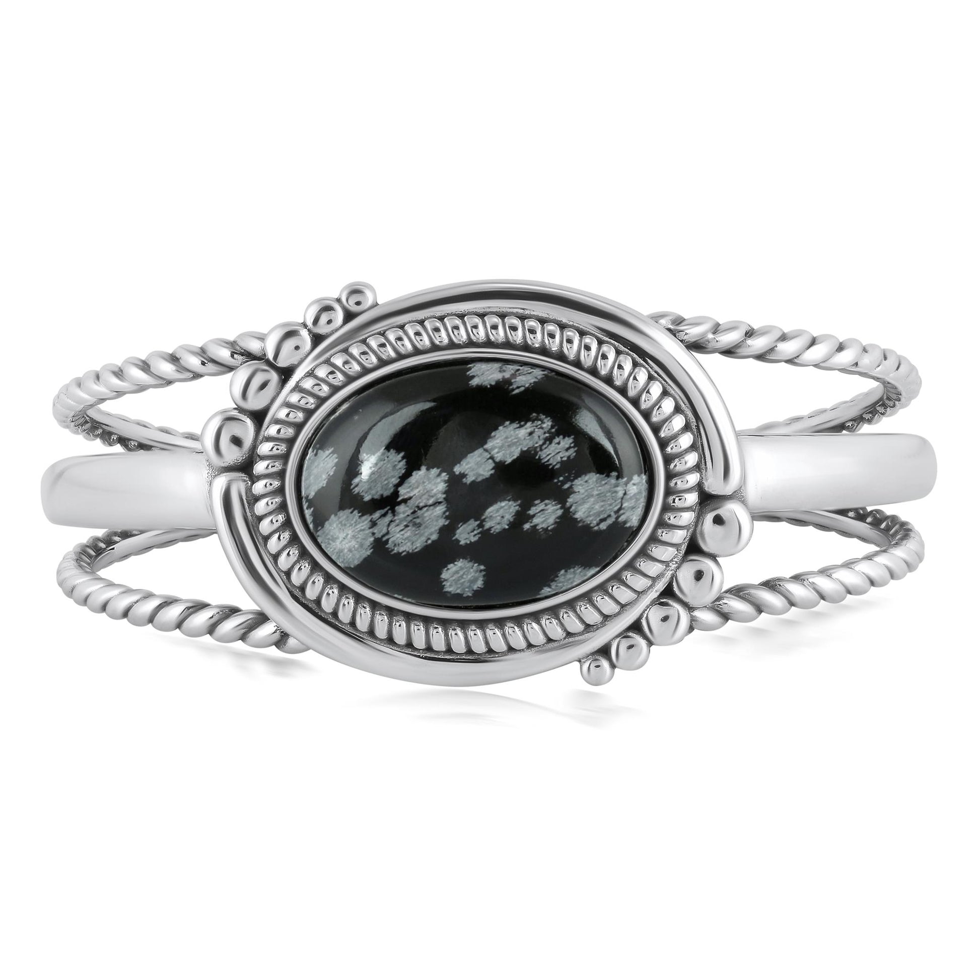 Sterling Silver Oval Snowflake Obsidian Rope Cuff Bracelet, Size Medium to Large