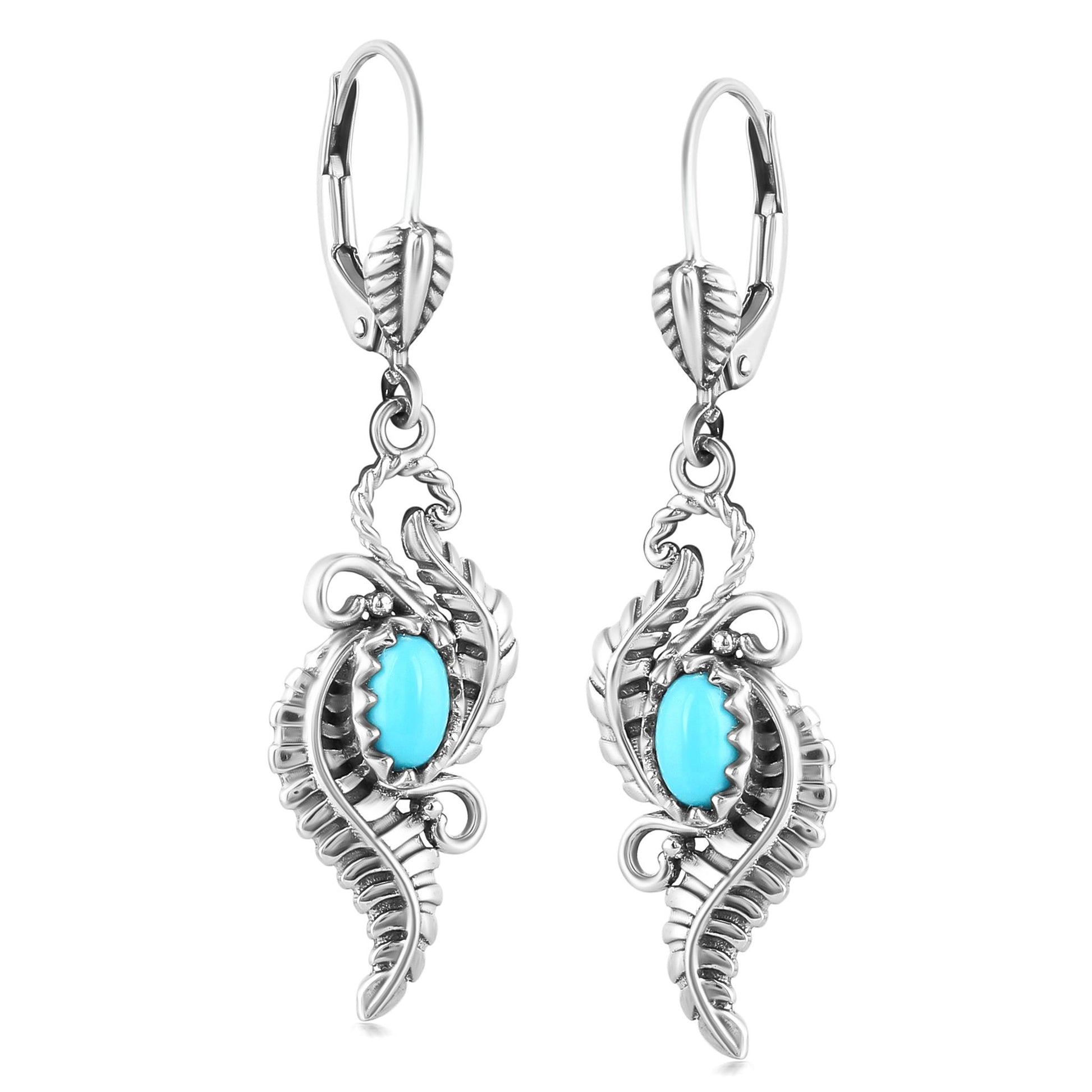 Sterling Silver Sleeping Beauty Turquoise Vine and Leaf Dangle Earrings