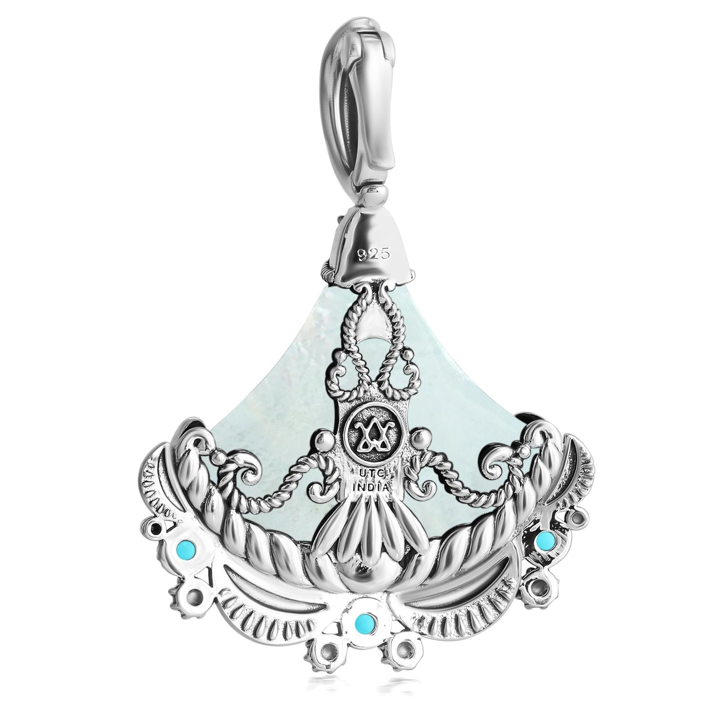 Sterling Silver White Mother of Pearl and Sleeping Beauty Turquoise Fan Pendant Enhancer
