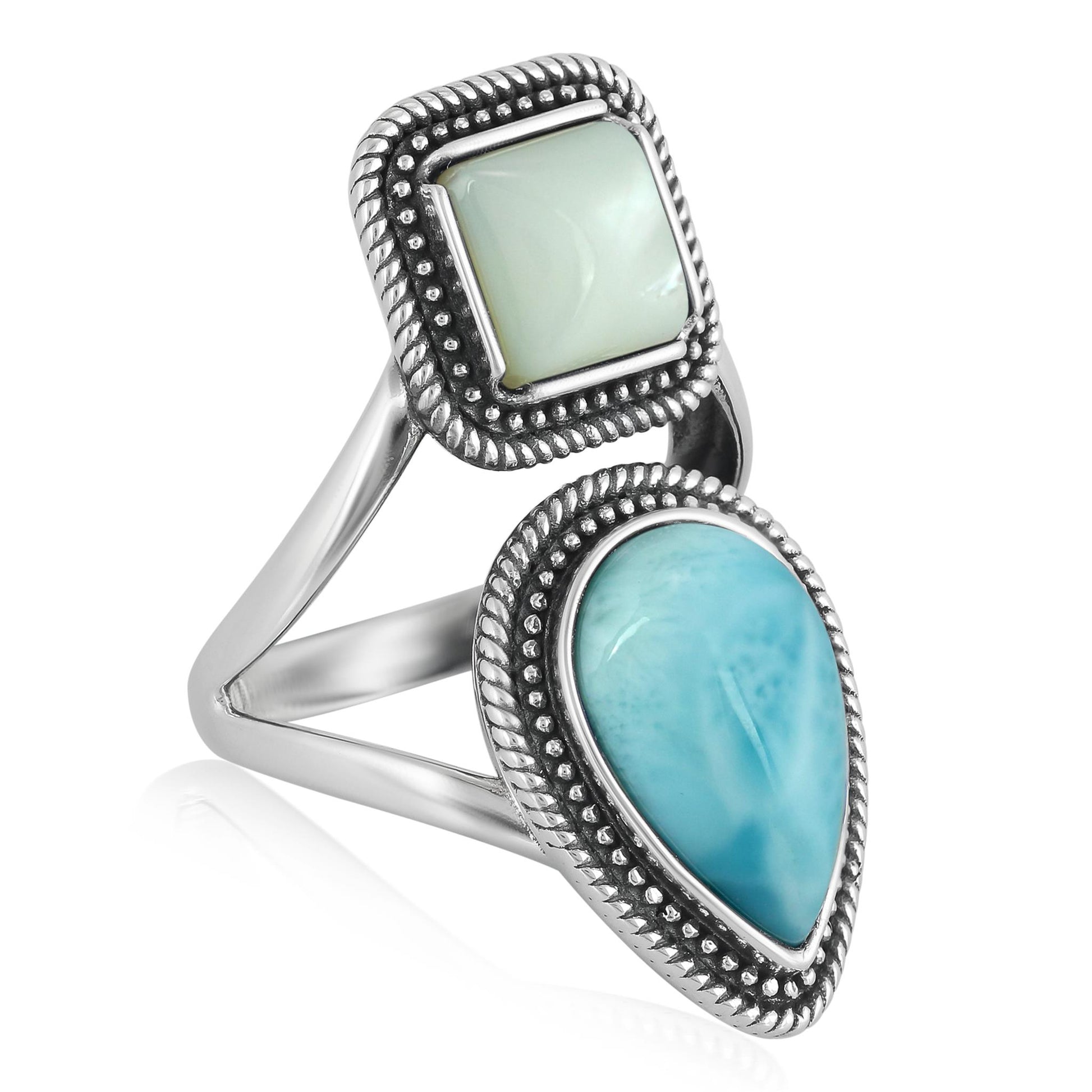 Sterling Silver Larimar and White Mother of Pearl Pear and Square Gemstone Rope Ring
