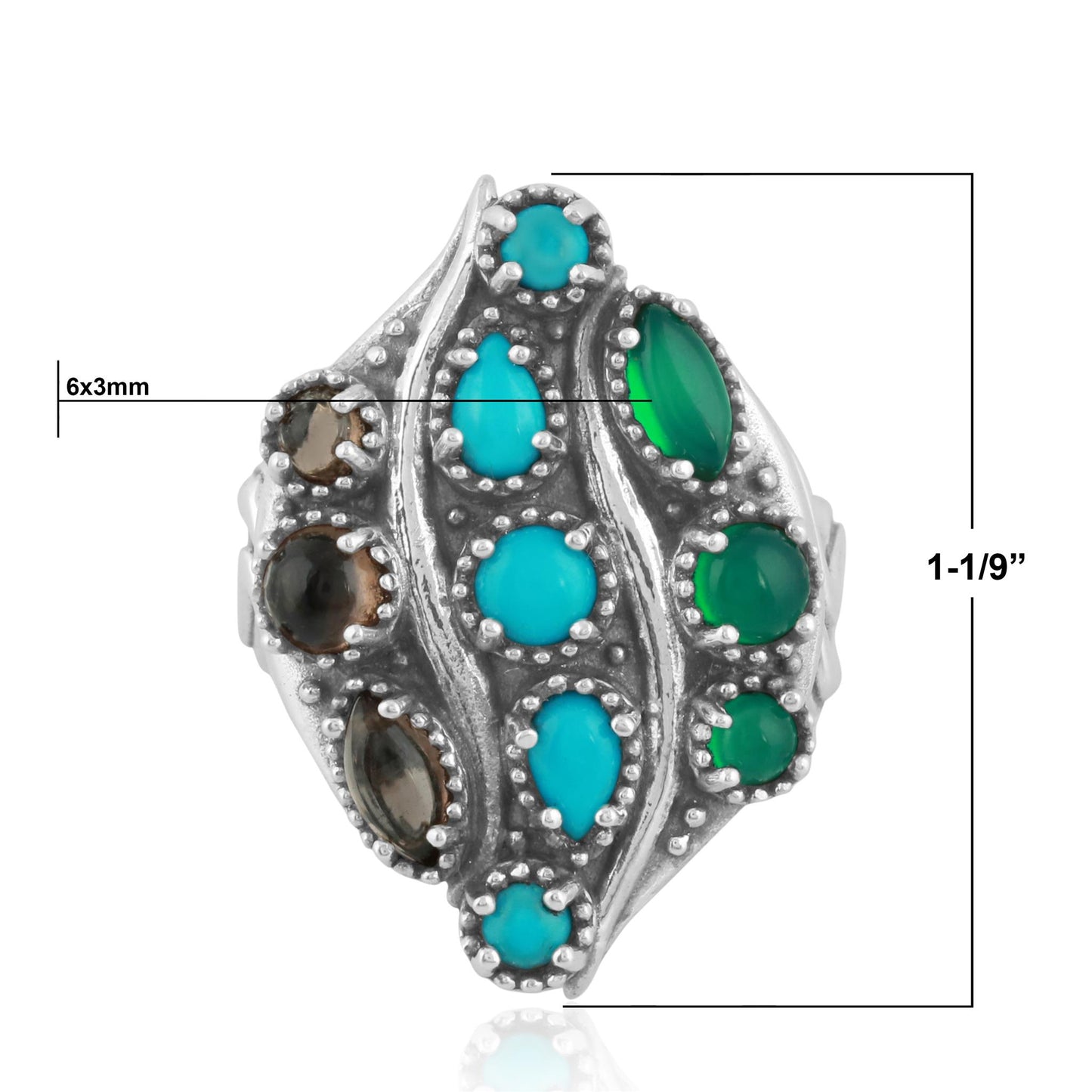 Sterling Silver Sleeping Beauty Turquoise, Green Onyx and Smoky Quartz Rio Grande Ring