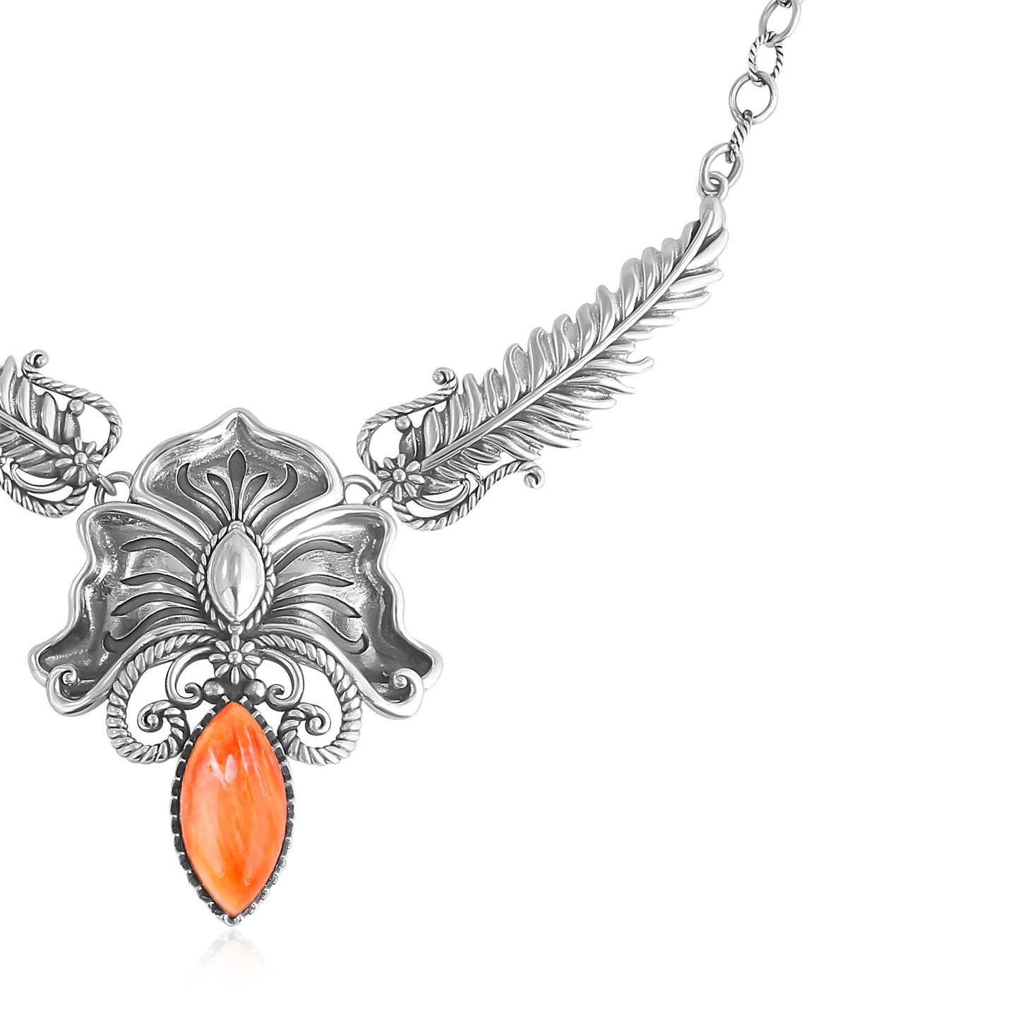 Sterling Silver Orange Spiny Oyster Cactus Flower Marquise Feather Necklace