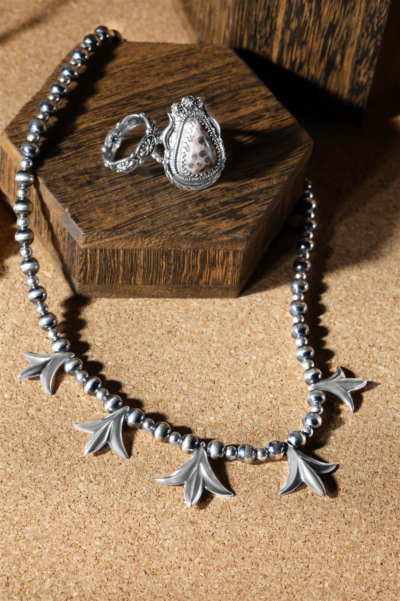 Sterling Silver Peak Squash Blossom Beaded Necklace, 17 to 21 Inches