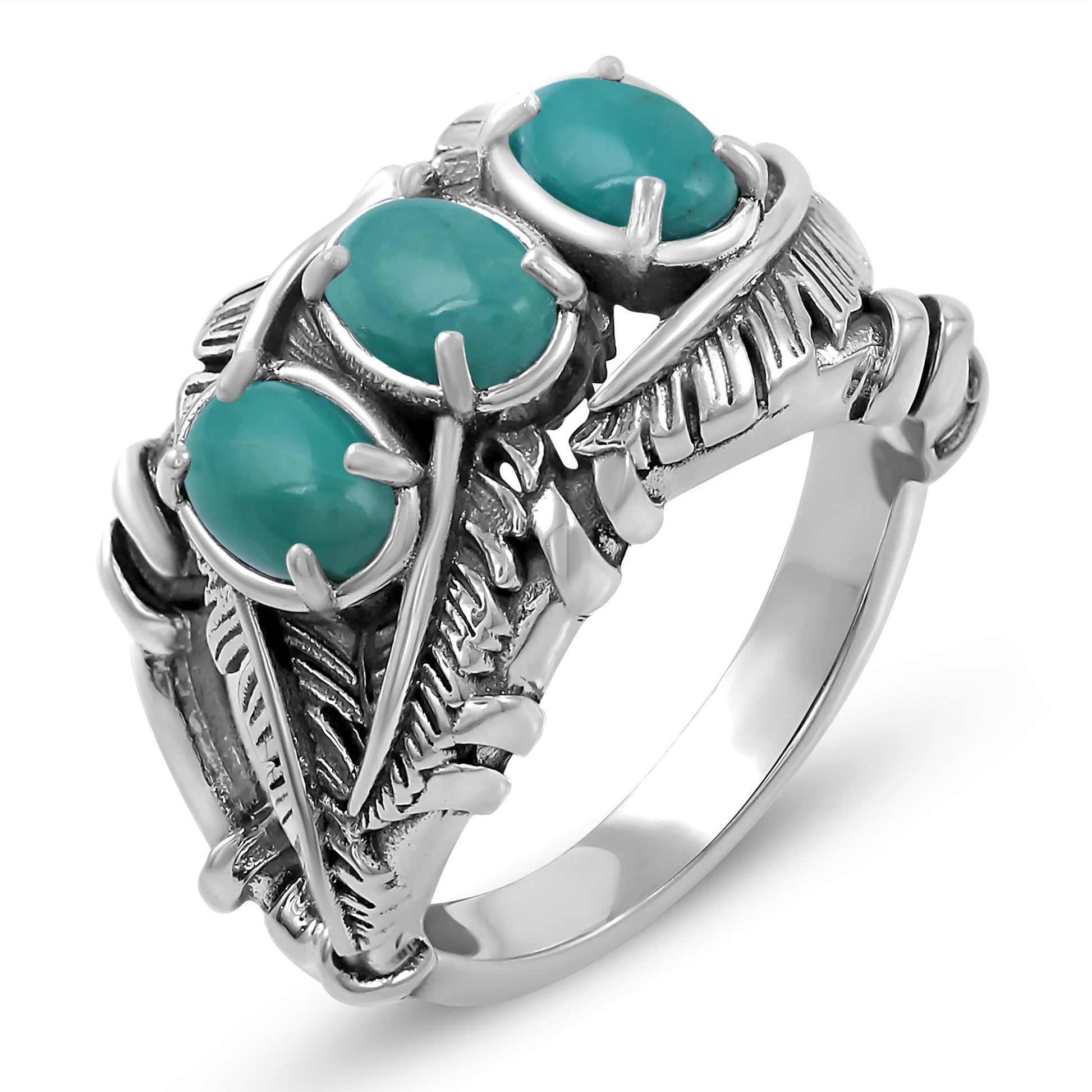 Sterling Silver Green Turquoise Three Stone Feather Ring