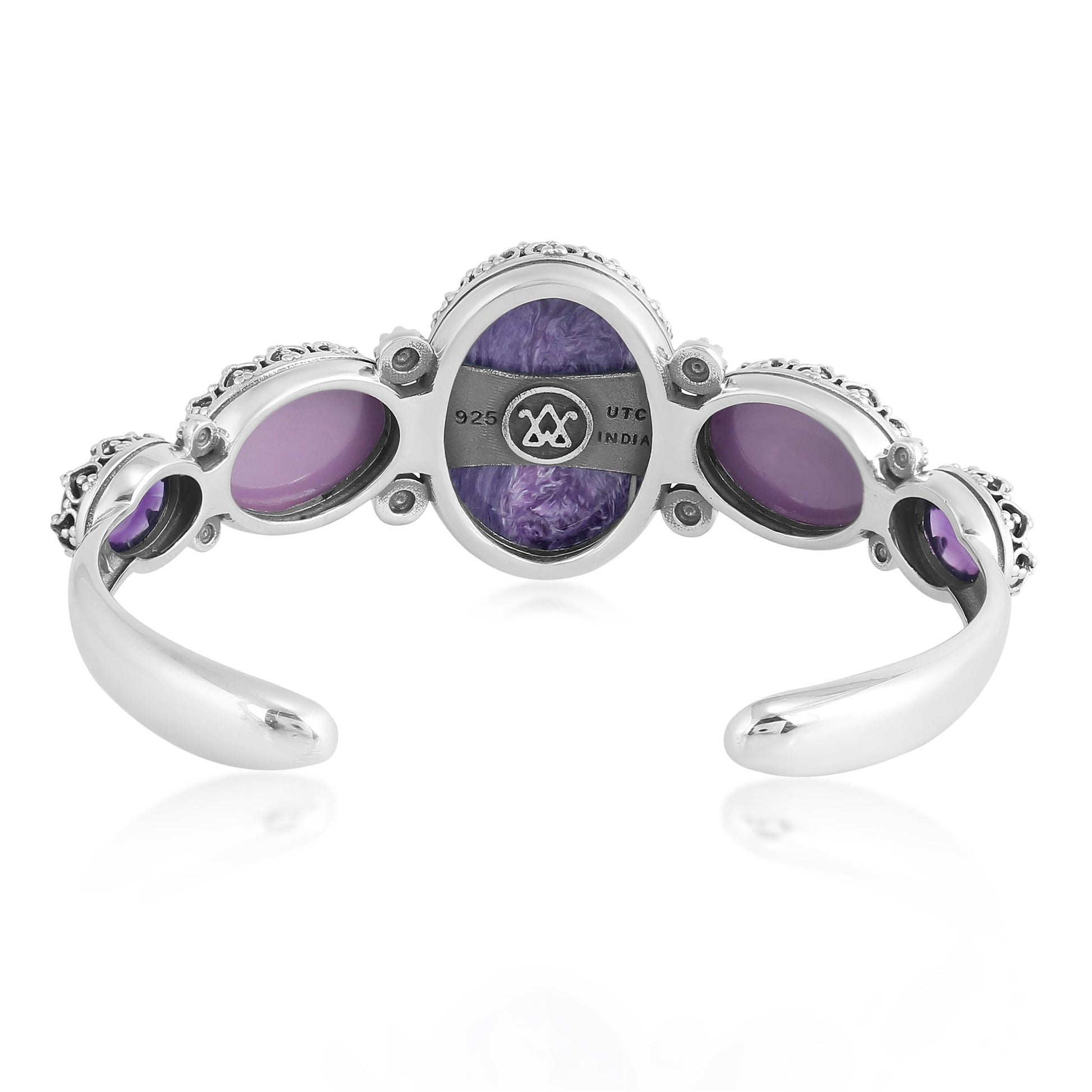 Sterling Silver Denim Charoite, Phosphosiderite and Amethyst Crown Detail Cuff Bracelet