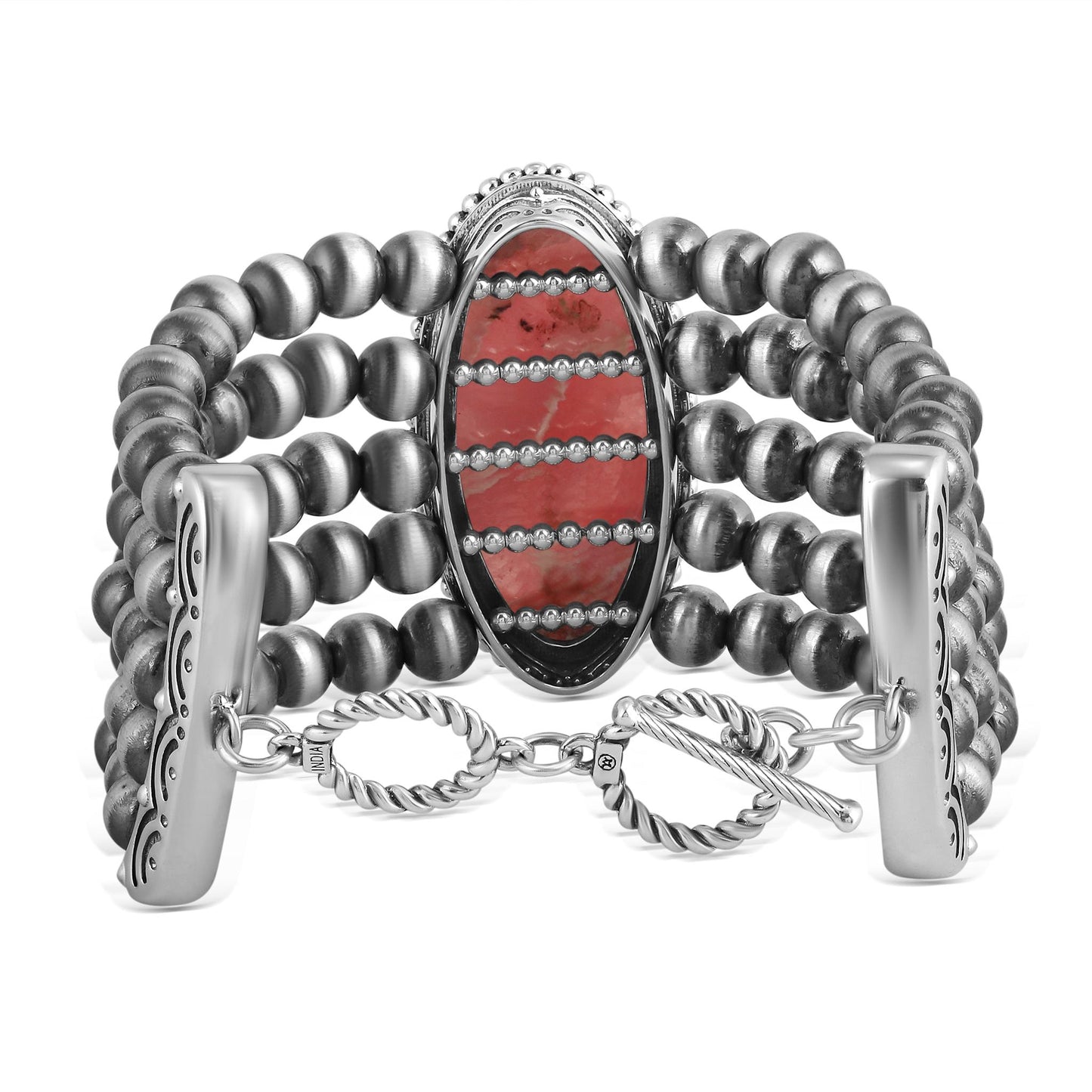 Sterling Silver Oval Rhodochrosite Oval Cut Beaded Toggle Bracelet