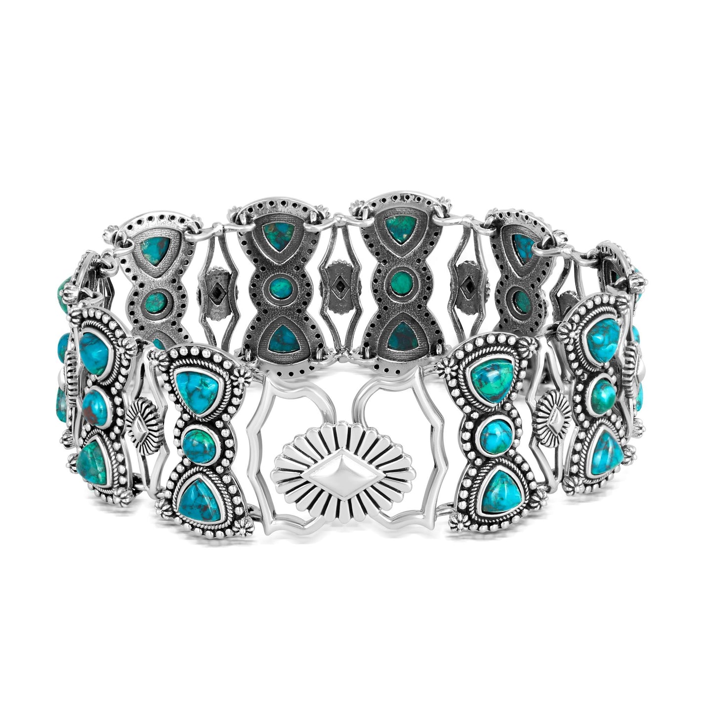 Sterling Silver Chrysocolla Round and Trillion Cut Link Bracelet
