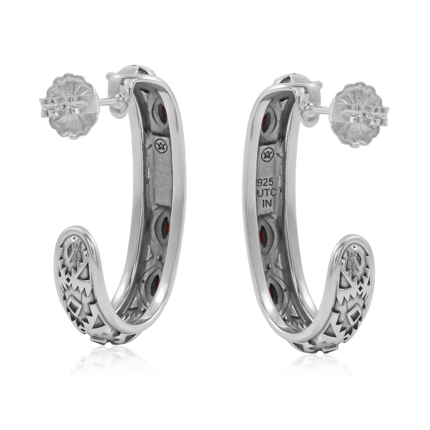 Sterling Silver Red Jasper Patterned J-Hoop 1 Inch Earrings