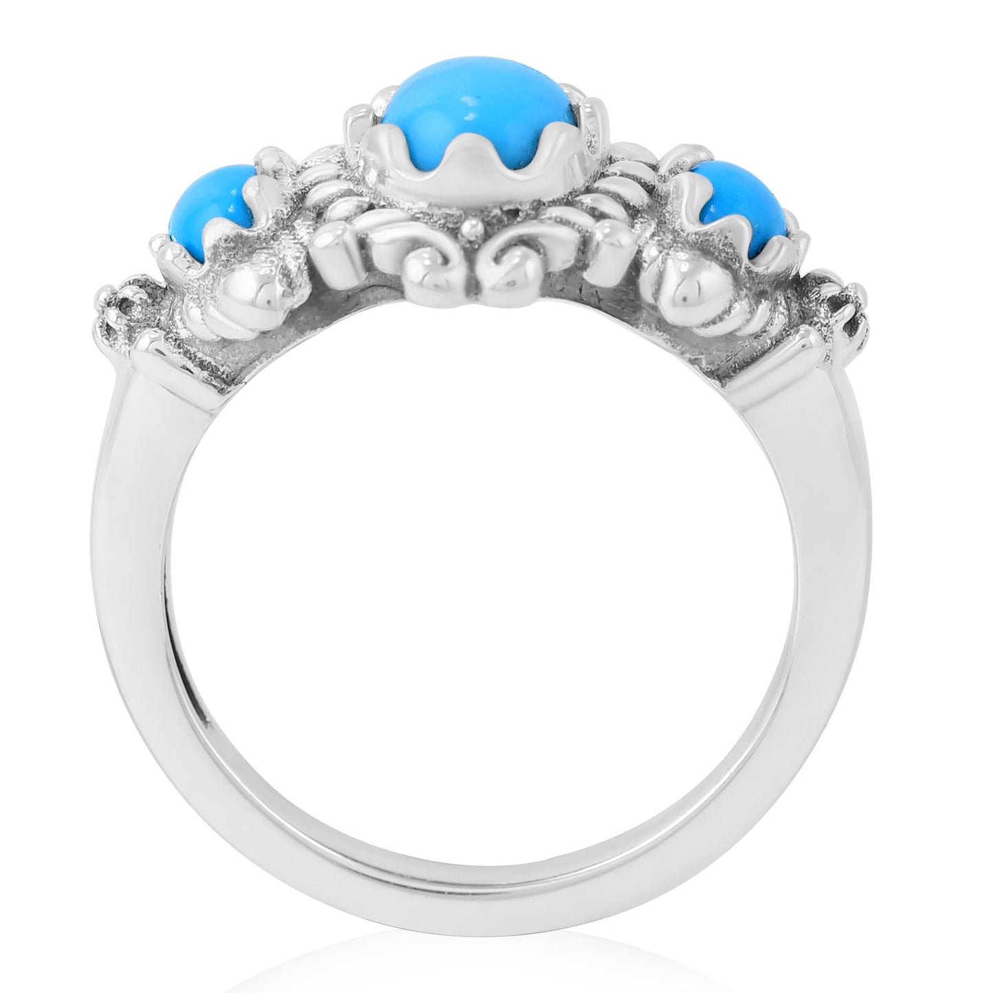 Sterling Silver Kingman Turquoise 3-Stone Oval Scalloped Bezel Ring