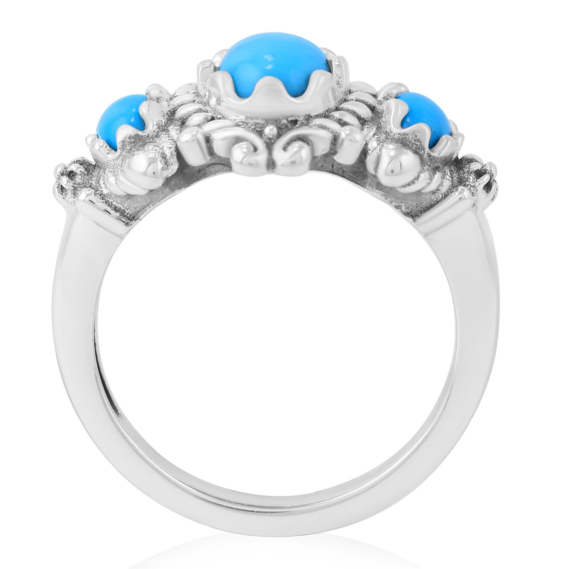 Sterling Silver Kingman Turquoise 3-Stone Oval Scalloped Bezel Ring