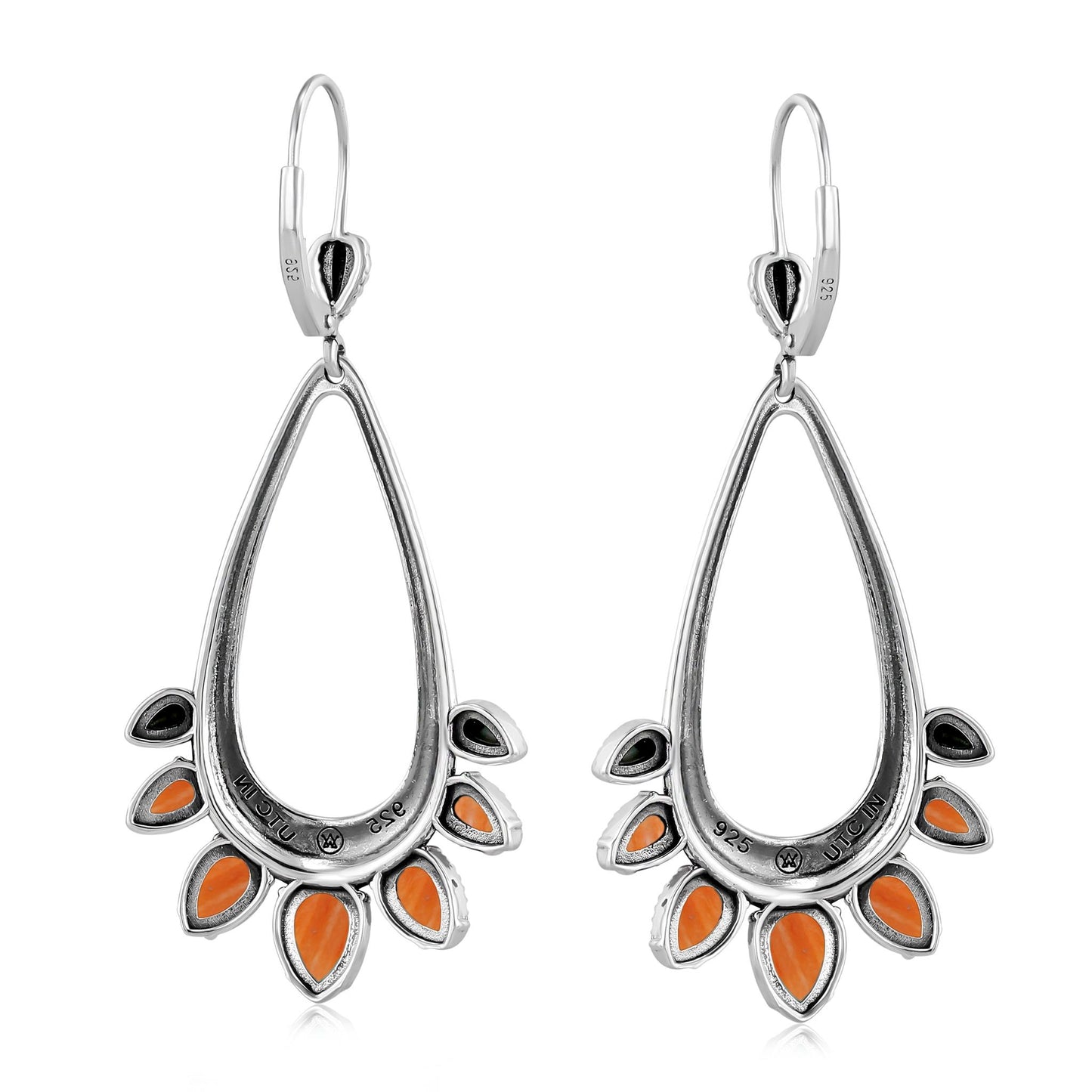 Sterling Silver Orange Spiny Oyster Open Pear Gemstone Lever Back Earrings