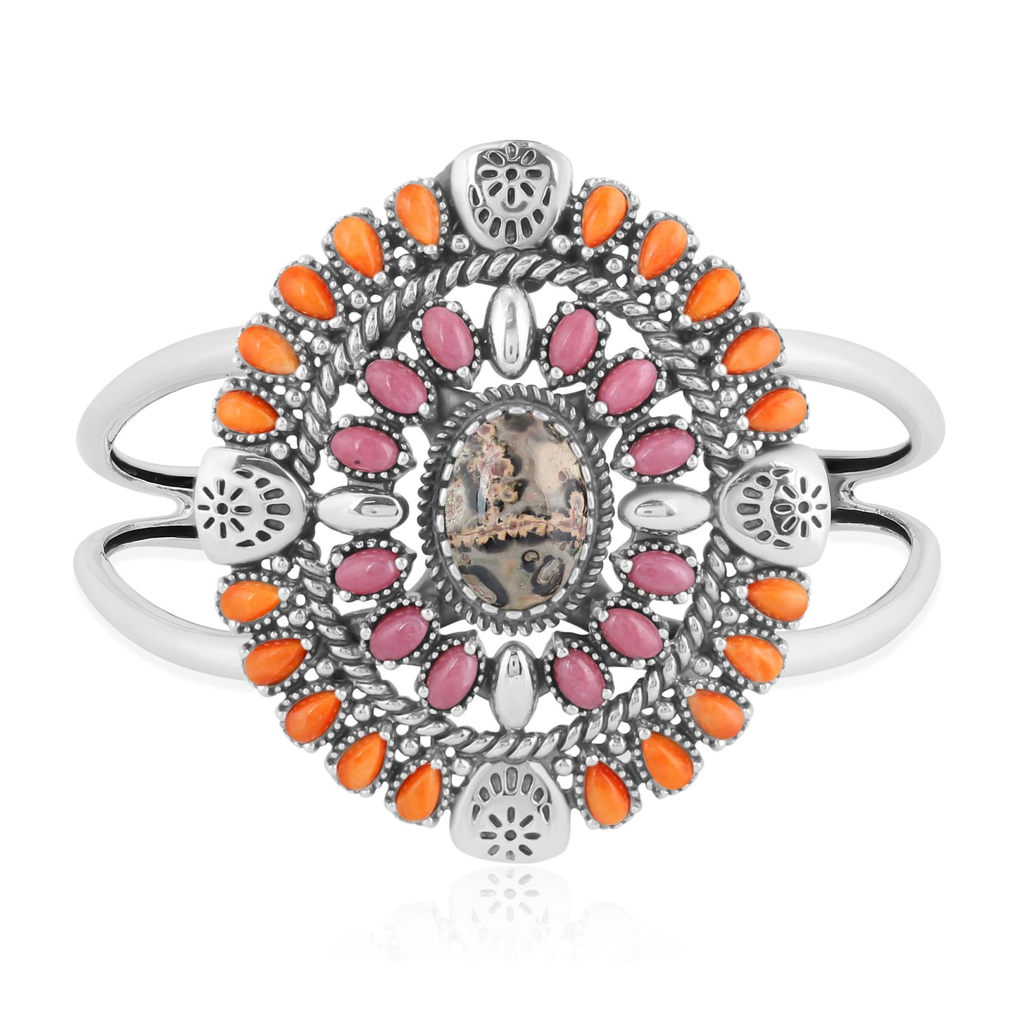 Sterling Silver Leopard Jasper, Orange Spiny Oyster and Rhodonite Oval Floral Cluster Cuff Bracelet