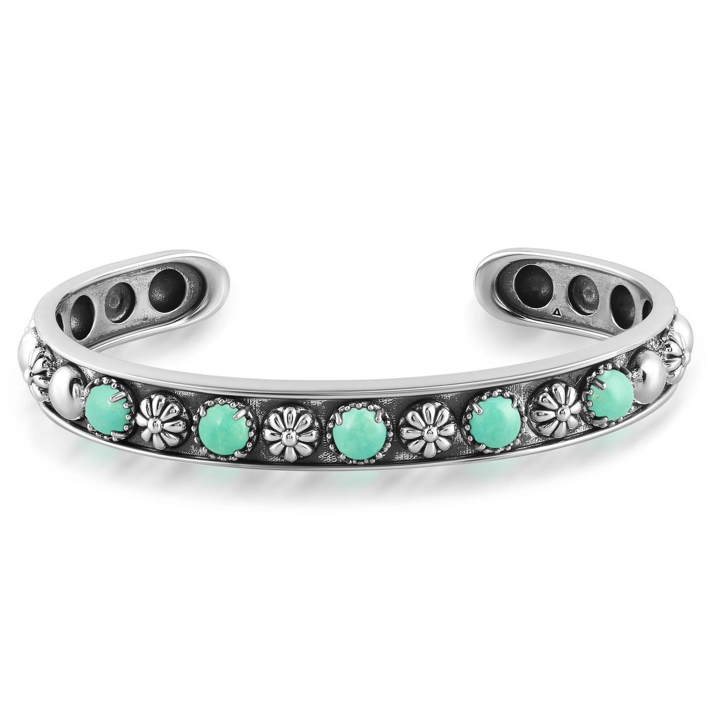 Sterling Silver Green Turquoise Concha Flower Narrow Cuff Bracelet