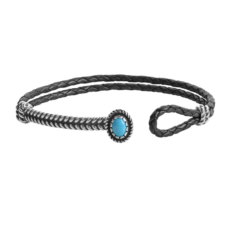 Sterling Silver Blue Turquoise Gemstone Hook and Loop Bar Black Leather Bracelet Size S, M or L
