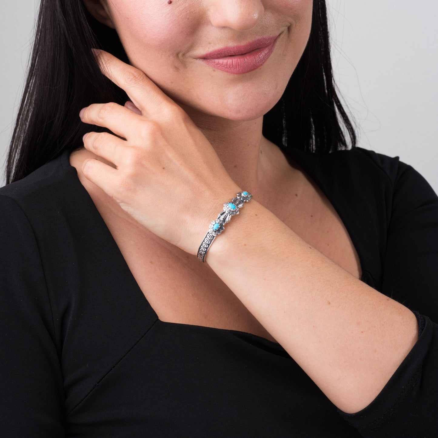 Sterling Silver Sleeping Beauty Turquoise Flower Concha Cuff Bracelet, Sizes Small to Large