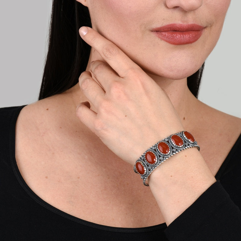 Sterling Silver Red Jasper Gemstone 5-Stone Cuff Bracelet Sizes S, M or L