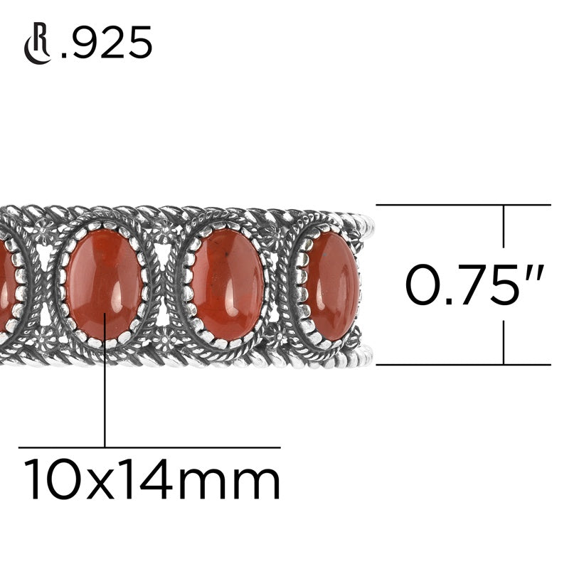 Sterling Silver Red Jasper Gemstone 5-Stone Cuff Bracelet Sizes S, M or L