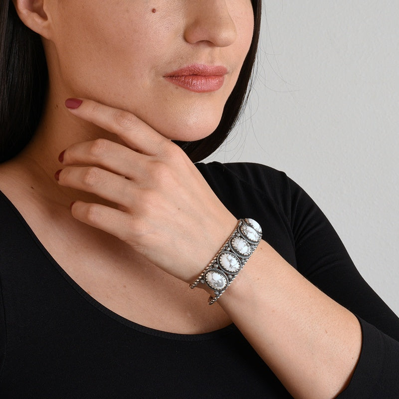 Sterling Silver White Howlite 5-Stone Cuff Bracelet, Sizes Small to Large